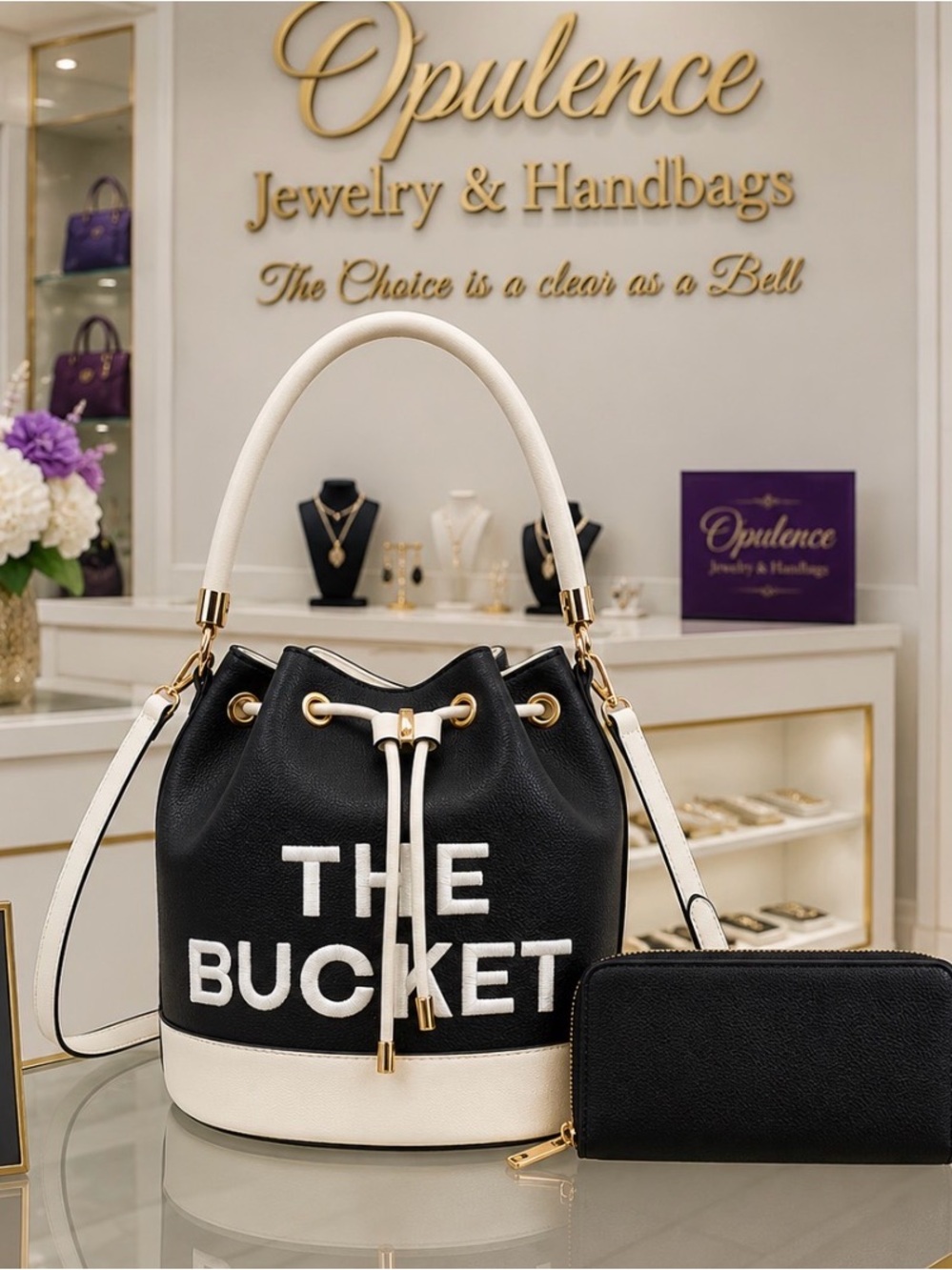 The Bucket Black & White  Bucket Bag with Wallet -
